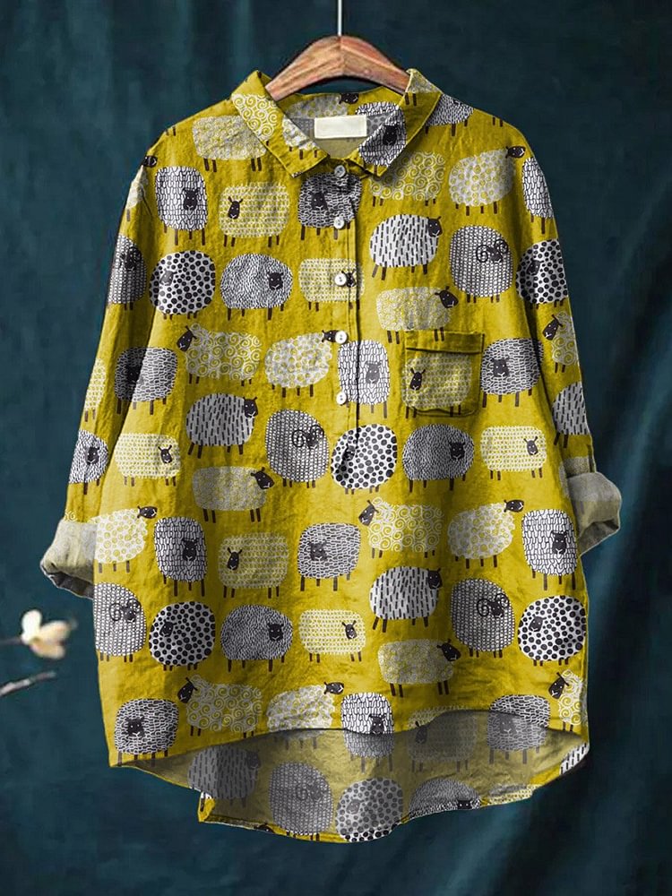 Vintage Fashion Jersey - ヴィンテージ素敵な羊アートパターン 3D プリントファッション女性のラペル長袖ポケットシャツ春カジュアルオープンチューブシャツ KT-07